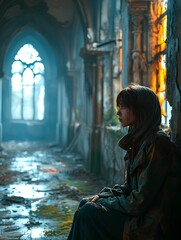 Sticker - a girl in a hood in abandoned church in the style of cyberpunk dystopia. dark cyan and amber, dark and spooky themes. generative AI