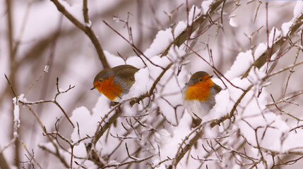 Wall Mural - A pair of robins among snow-covered branches
