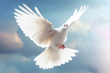 Wall Mural - A white pigeon flies in the sky. Dove of peace. AI generative