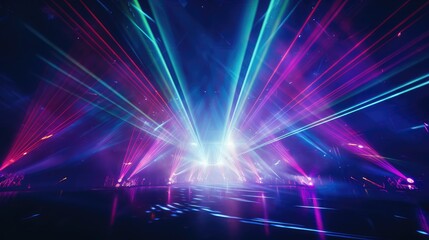 Bright laser show in the night club. AI generated.