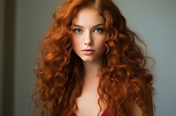  Fiery Long curly red hair girl. Fashion person studio photo shot. Generate Ai