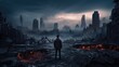 Post apocalyptic abandoned city in ruins. Lonely person silhouette. AI generated.