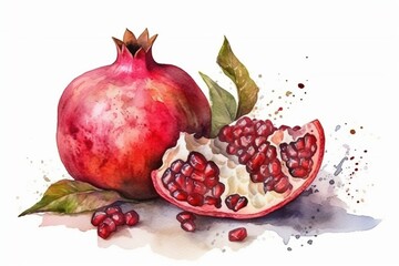 Wall Mural - Ripe broken pomegranate, watercolor drawing on a white background