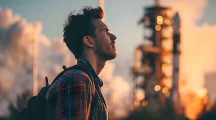 a man with a backpack looks up in awe at a towering launchpad structure against a sunset sky.