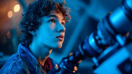 curly-haired youth captivated by the universe, gazing through a telescope under blue lights