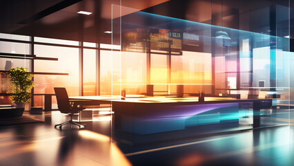 interior office on light blurred background with tech hologram