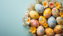 Festive Happy Easter. Colorful Pastel Hand Painted Decorated Easter Eggs With Spring Flowers In Basket On Light Blue Background. Top View. Generative AI.