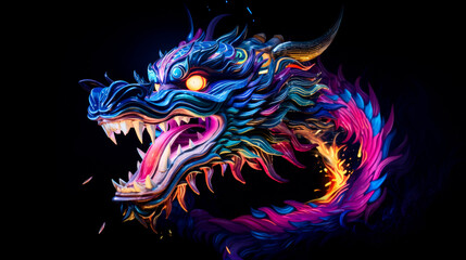 Wall Mural - Vibrant-colored Asian dragon on black background