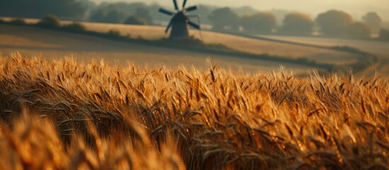 Poster - Ripe wheat field, old windmill in distance.