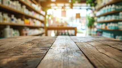 Wall Mural - empty Wood table background blurred pharmacy