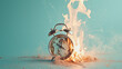 
burning retro alarm clock on a pastel background, as a metaphor for time that is running out