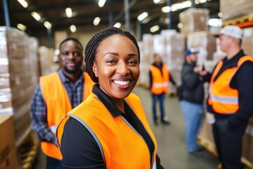 Portrait of smiling female warehouse worker standing with staff in background at warehouse