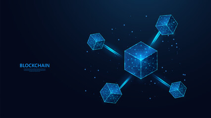 Aufkleber - Abstract blockchain technology concept in futuristic low poly wireframe style. blue background with a sprinkling of shining stars.