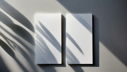 abstract light background, the delicate interplay of light and shadows on two vertical sheets of textured white paper, elegantly laid on a soft gray table background