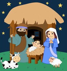 Christmas nativity scene with Joseph, Mary and baby Jesus with cow and sheep, Merry Christmas.