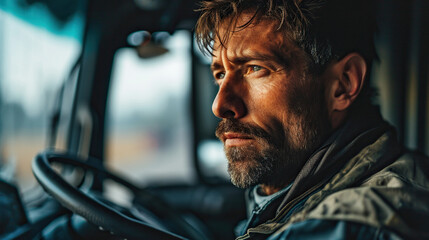 Wall Mural - Close up portrait of a truck driver looking to his left