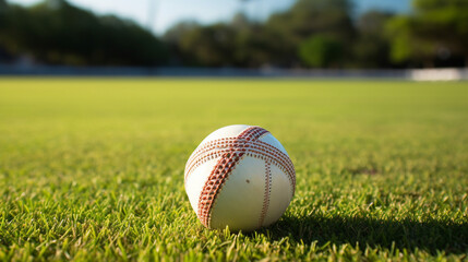 Professional Cricket Equipment: Leather Ball Resting on Bat in Stadium - Closeup of Classic Game Gear for Outdoor Summer Matches and Sport Competitions.