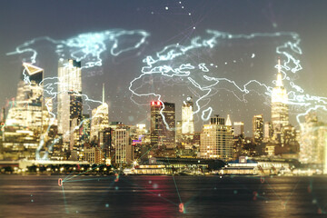 Wall Mural - multi exposure of abstract creative digital world map hologram on new york city skyline background, 