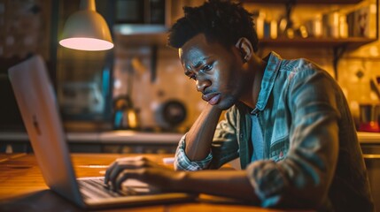 African feels frustration and excitement. African American man sitting at a laptop