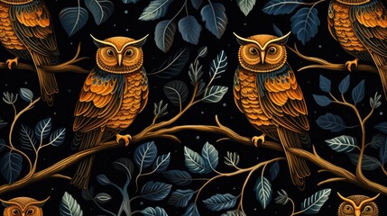 Wall Mural - Cute bird owls patterns for wallpapers, backgrounds, tablecloths, Isolated on black background. Generative AI