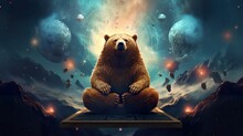 Calm And Tranquil Bear Meditating In Lotus Pose At Open Space With Stars And Nebulas Background, Harmony And Zen Balance Concept
