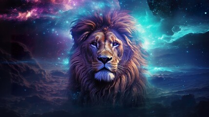 Canvas Print - magic fantasy portrait of lion sitting in open space with stars and nebulas, king of nature in colorful cosmos