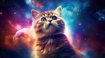 Sticker - cute small cat swimming in open outer space on stars and colorful nebulas background, kitty in cosmos