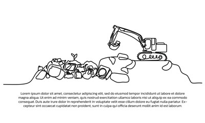 Continuous line design of rubbish dump cleaning. Single line decorative elements drawn on a white background.