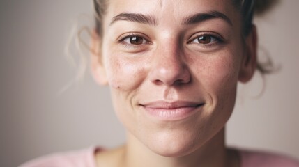 A close-up of a Caucasian woman with imperfect skin, gazing directly at the camera against a light beige studio backdrop.