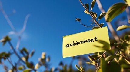 yellow achievement note with sky background. Inspirational motivational quote, yellow, blank, paper, background, message, design, reminder, blue