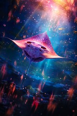 Sticker - colorful stylish illustration of fantastic sea stingray swimming in outer space with stars and nebulas, fantasy mammal in colourful cosmos