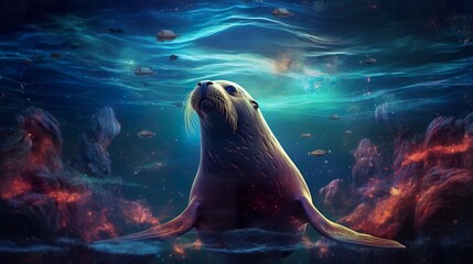 Wall Mural - colorful stylish illustration of fantastic sea lion or seal swimming in outer space with stars and nebulas, fantasy mammal in colourful cosmos