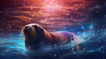 Sticker - colorful stylish illustration of fantastic sea lion or seal swimming in outer space with stars and nebulas, fantasy mammal in colourful cosmos