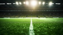 Close Up Soccer Field Lines. Background Soccer Pitch Grass Football Stadium Ground View. Grass Macro In Sports Arena  With Lights Background