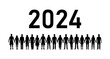 Chain of people standing hands together welcoming new year 2024 vector silhouettes. Human chain holding hands together facing the year 2024 silhouettes.