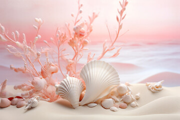 Wall Mural - Nature, graphic resource concept. Abstract and minimalist various shapes and forms corals and seashells background with copy space. Tones image with pink color