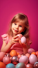 Wall Mural - 16:9 or 9:16 Cute girl playing with eggs on Easter day.for backgrounds screens greeting card or other High quality printing projects.