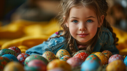 Wall Mural - 16:9 or 9:16 Cute girl playing with eggs on Easter day.for backgrounds screens greeting card or other High quality printing projects.