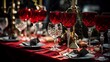 Wedding service table with red crystal glasses and romantic atmosphere