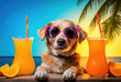 a white and brown dog in red sunglasses sitting on the beach holding an orange liquid