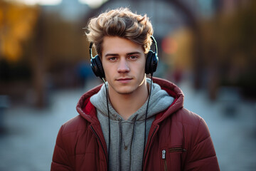 Handsome nice man in headphones listening to music relaxing outdoors generative ai