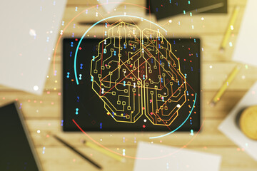 Wall Mural - double exposure of creative artificial intelligence symbol and digital tablet on background, top vie