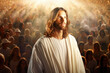 Jesus Christ in white clothes and loving peaceful face teaching crowd in heaven light