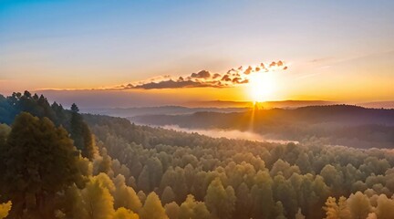 Wall Mural - sunrise in the mountains, panoramic mountain landscape drone footage at sunrise