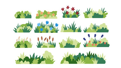 set of icons of summer bushes with flowers in a flat style for the design and decoration of maps and