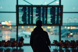 Fototapeta  - View of back man looking at his flight on screen in airport