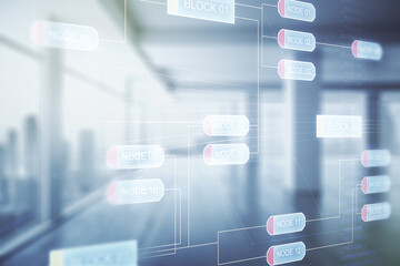 Wall Mural - multi exposure of abstract software development hologram on empty modern office background, research