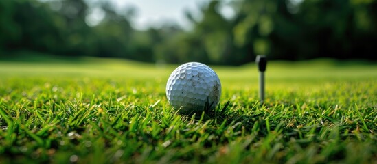 Canvas Print - A white golf ball and tee rest on uninstalled green grass.