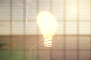 Abstract virtual light bulb illustration on modern interior background, future technology concept. Multiexposure