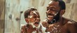 Happy African father and son enjoying playful moment with shaving foam in bathroom.
